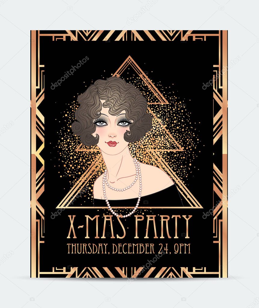 Art Deco vintage illustration of flapper girl. Retro party character in 1920 s style. Vector design for glamour jazz party.