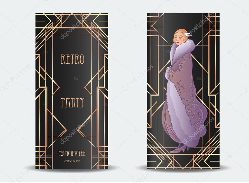 Art Deco vintage illustration of flapper girl. Retro party character in 1920 s style. Vector design for glamour jazz party.