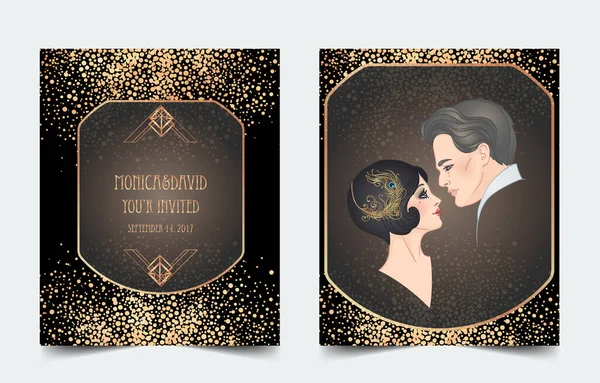 Beautiful couple in art deco style. Retro fashion: glamour man and woman of twenties. Vector illustration. Flapper 20s style. Vintage party or thematic wedding invitation. — Stock Vector