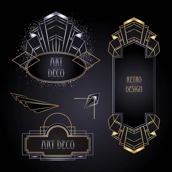 Art Deco Vintage-Designelemente in Gold und Silber über Schwarz. Retro-Party geometrischen Hintergrund gesetzt 1920 Stil. Vektorillustration — Stockvektor