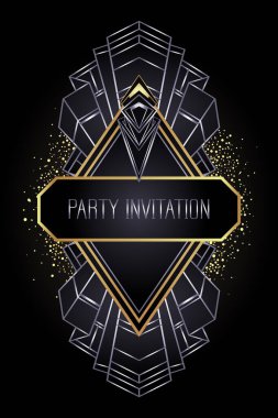 Art Deco vintage altın ve gümüş tasarım elementleri siyahtan önce gelir. Geçmişe dönük geometrik arka plan 1920 tarzında ayarlandı. Cazibe partisi, düğün veya tekstil için vektör illüstrasyonu.