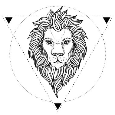 Kutsal geometri üzerinde süslü aslan kafası. Afrikalı, Hintli, totem, dövme, çıkartma tasarımı. Tişört, çanta ve poster tasarımı. Vektör izole illüstrasyon. Zodyak işareti Leo.