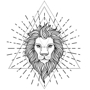 Kutsal geometri üzerinde süslü aslan kafası. Afrikalı, Hintli, totem, dövme, çıkartma tasarımı. Tişört, çanta ve poster tasarımı. Vektör izole illüstrasyon. Zodyak işareti Leo.