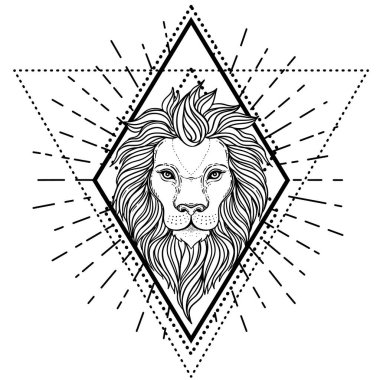 Kutsal geometri üzerinde süslü aslan kafası. Afrikalı, Hintli, totem, dövme, çıkartma tasarımı. Tişört, çanta ve poster tasarımı. Vektör izole illüstrasyon. Zodyak işareti Leo.
