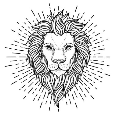 Kutsal geometri üzerinde süslü aslan kafası. Afrikalı, Hintli, totem, dövme, çıkartma tasarımı. Tişört, çanta ve poster tasarımı. Vektör izole illüstrasyon. Zodyak işareti Leo.