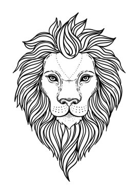 Süslü aslan başı. Afrikalı, Hintli, totem, dövme, çıkartma tasarımı. Tişört tasarımı, çanta, kartpostal ve posterler. Siyah ve beyaz renklerde izole edilmiş vektör illüstrasyonu.