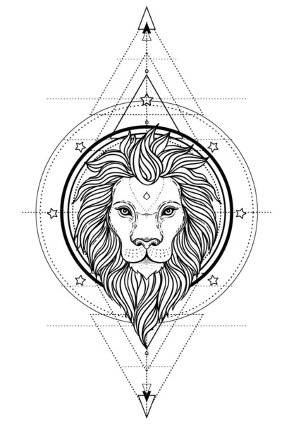 Ozdobna głowa lwa nad świętą geometrią. Afrykański, indyjski, totem, tatuaż, projekt naklejki. Projekt koszulki, torby i plakatu. Ilustracja wektora. Znak zodiaku Leo. — Wektor stockowy