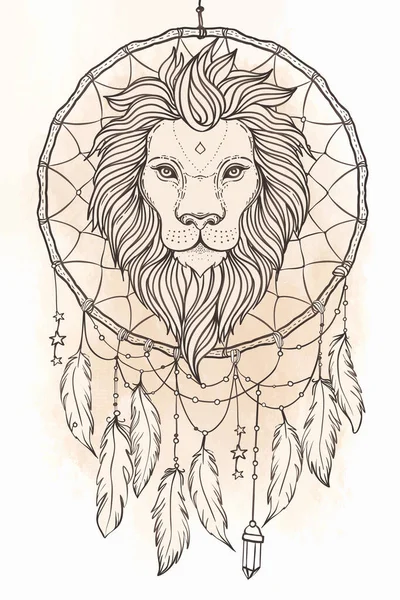 Utsmyckat lejonhuvud över drömfångare. Afrikanskt, indiskt, totem, tatuering, klistermärke. Design av t-shirt. Vektor isolerad illustration i vintage färger. Zodiaktecken Leo. — Stock vektor