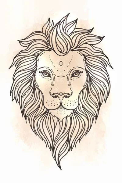 Cabeza de león adornada con dibujos. Africano, indio, tótem, tatuaje, diseño de pegatinas. Diseño de camiseta, bolso, postal y carteles. Ilustración aislada vectorial en colores blanco y negro. — Archivo Imágenes Vectoriales