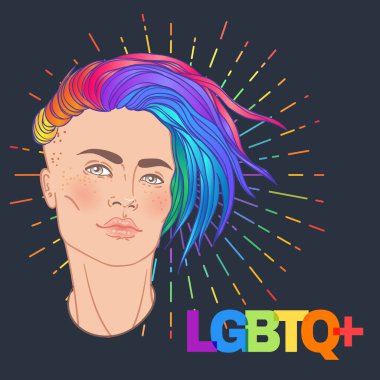 Gökkuşağı saçlı LGBT çalışanı. İkili olmayan Kafkasyalı kişi. Gay Gururu. LGBTQ konsepti. İzole vektör çizimi. Etiket, yama, tişört izi, logo tasarımı.
