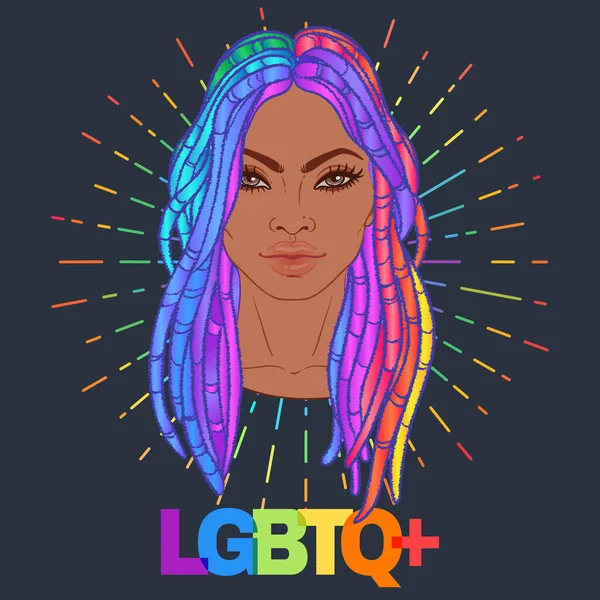 LGBT osoba s duhovými vlasy. Afroameričanka s dredy Gay Pride. Koncept LGBT. Izolovaná vektorová ilustrace. Nálepka, náplast, potisk trička, design loga. — Stockový vektor