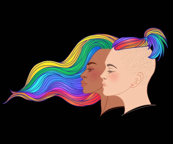 Lesbiskt par med regnbågshår. Icke binärt. Stolthet månad. HBTQ-konceptet. Isolerad vektor färgglada illustration. — Stock vektor