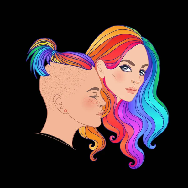 Pareja de lesbianas con el pelo del arco iris. No es binario. El mes del orgullo. Concepto LGBTQ. Ilustración colorida vectorial aislado. — Vector de stock