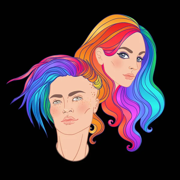 虹色の髪をしたレズビアンカップル。バイナリじゃない。プライド月間だ。LGBTQの概念。絶縁ベクトルカラフルなイラスト. — ストックベクタ