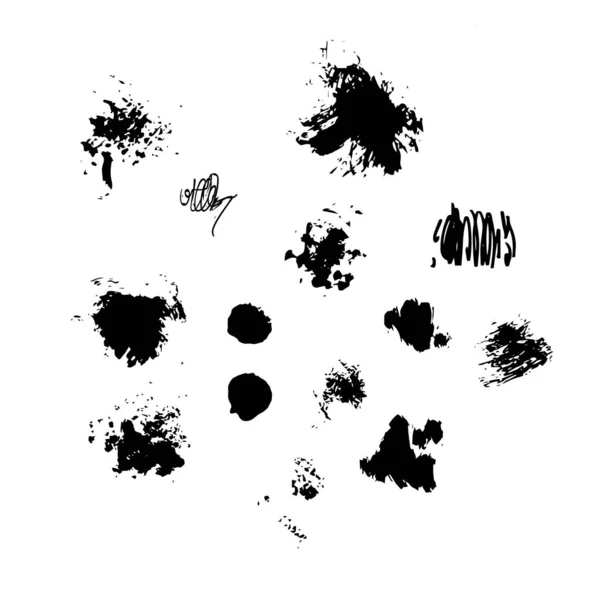 手绘单色纹理元素集.在白色上孤立的向量图解。抽象艺术油墨手绘斑点.文本模板。黑色和白色的阴影。Grunge纹理. — 图库矢量图片