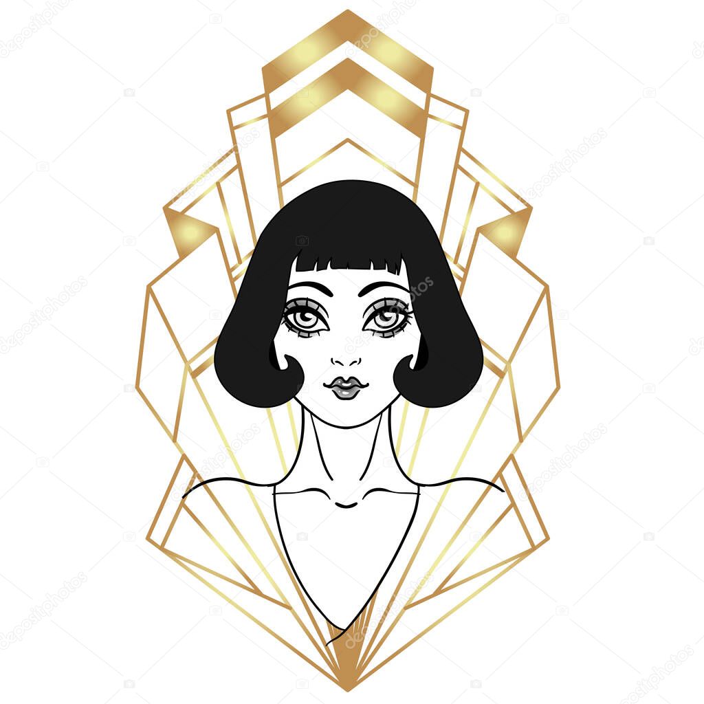 Beautiful girl in art deco style. Retro fashion, glamour woman of twenties. Vector illustration. Flapper 20s style.