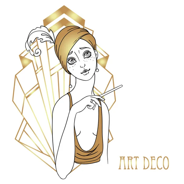 Beautiful girl in art deco style. Retro fashion, glamour woman of twenties. Vector illustration. Flapper 20s style. — Stock Vector