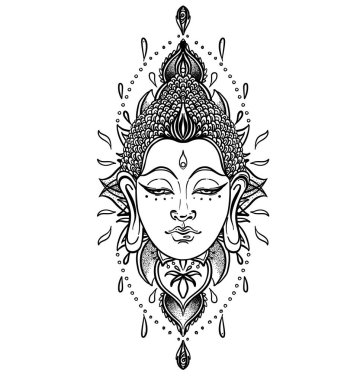 Buda 'nın yüzü mandala şeklinin üzerinde. Esrarengiz klasik vektör çizimi. Hint, Budizm, ruhani sanat. Yetişkinler için boyama kitabı sayfaları.