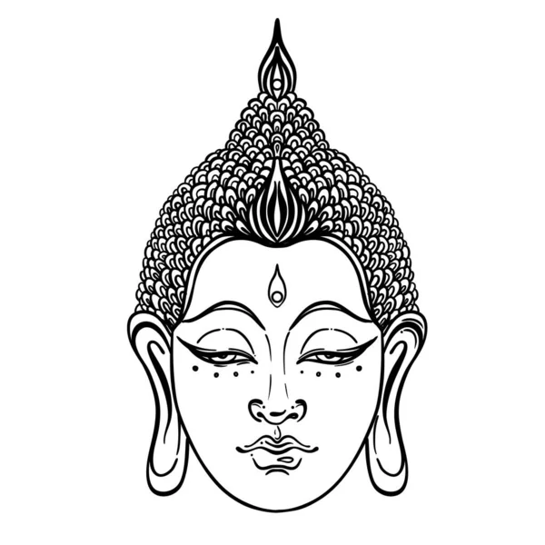 Buddha face isolated on white. Esoteric vintage vector illustration. Indian, Buddhism, spiritual art. Hippie tattoo, spirituality, Thai god, yoga Coloring book for adults. — Stock Vector