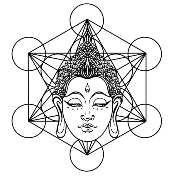 Buddha faccia sopra modello geometrico sacro. Illustrazione esoterica vettoriale vintage. Indiano, Buddismo, arte spirituale. Tatuaggio hippie, spiritualità. Disegni da colorare per adulti. — Vettoriale Stock