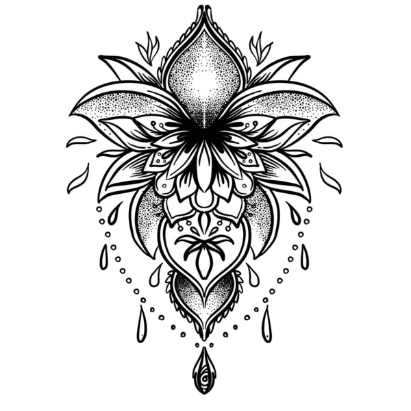 Lotus och helig geometri. Ayurveda symbol för harmoni och balans, och universum. Tatuering kött design, yoga logotyp. Boho tryck, affisch, t-shirt textil. Isolerad vektor illustration. — Stock vektor