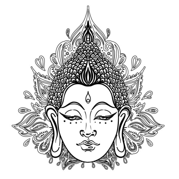 Buddha face over ornate mandala round pattern. Esoteric vintage vector illustration. Indian, Buddhism, spiritual art. Coloring book pages for adults.