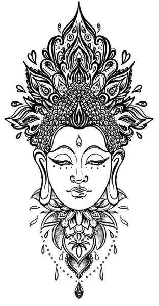 Buddha arc felett díszes mandala kerek minta. Ezoterikus vintage vektor illusztráció. Indiai, buddhista, spirituális művészet. Színező könyv oldalak felnőttek számára. — Stock Vector