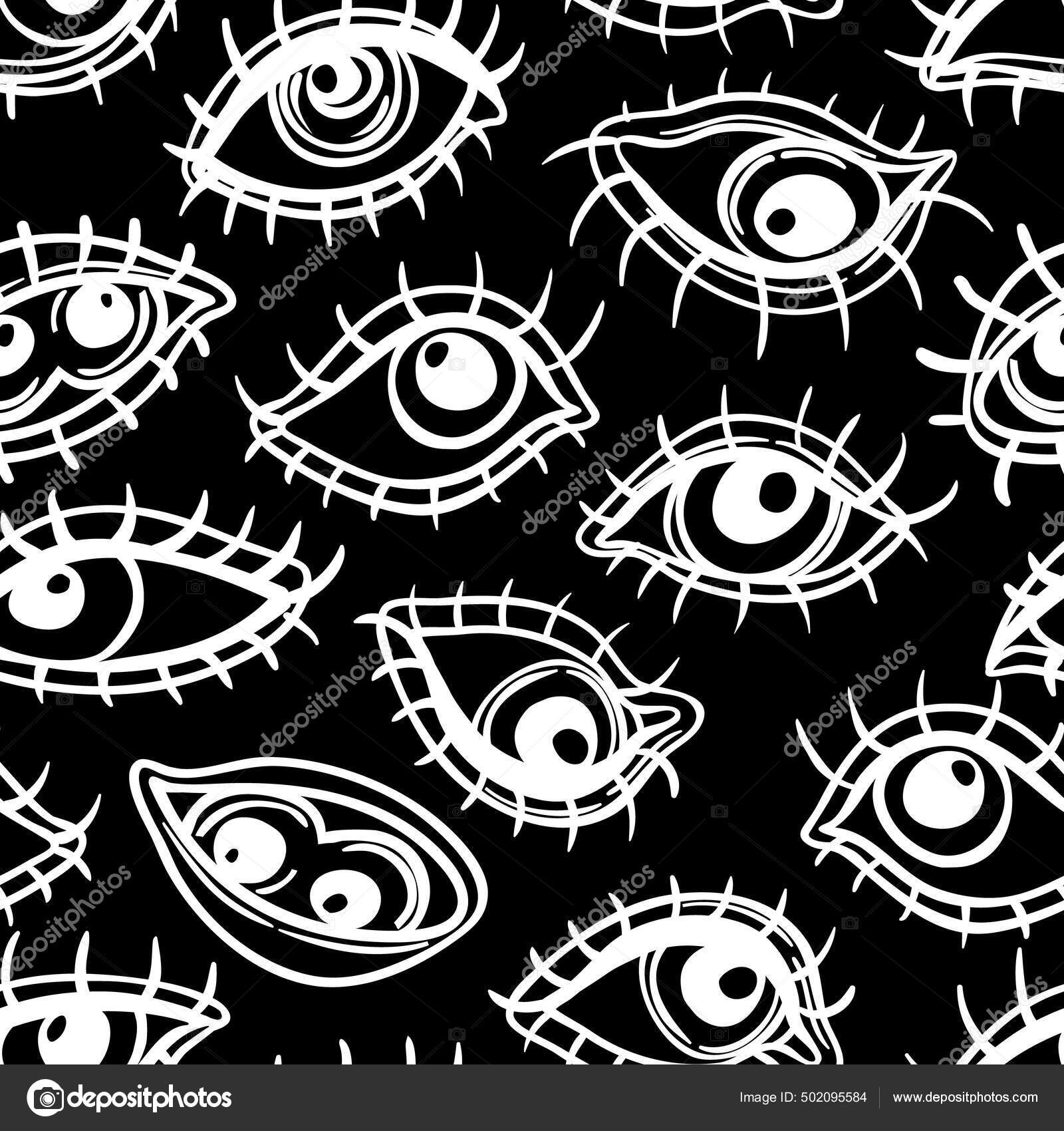 Olhos, padrão sem costura sobre colorido pontilhado retro 80, 90 fundo  abstrato. Vintage têxtil psicodélico, tecido, embrulho, papel de parede.  Ilustração vetorial. Astrologia, religião. Vetor de ©vgorbash 502095584, image size:1600x1700