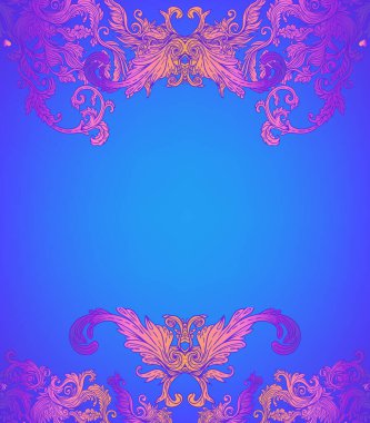 Parlak neon renkli klasik barok çiçekli çerçeve. 1980 'lerin tarzı. Süslü vektör dekorasyonu. Lüks, kraliyet ve Viktorya dönemi konsepti. Eski tasarım.