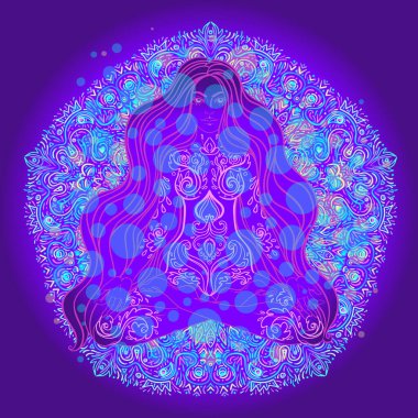 Süslü neon arka planda lotus pozisyonunda oturan güzel kız. Vektör illüstrasyonu. 