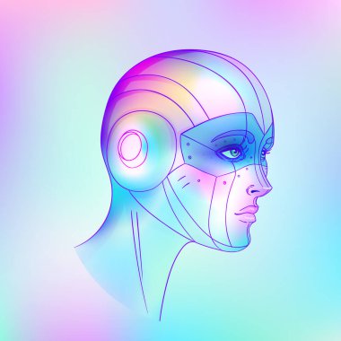 Robot android kadın portresi. Geçmişe dönük fütürizm tarzında. Vektör çizimi. Parlak neon renkli bir sayborgun. 