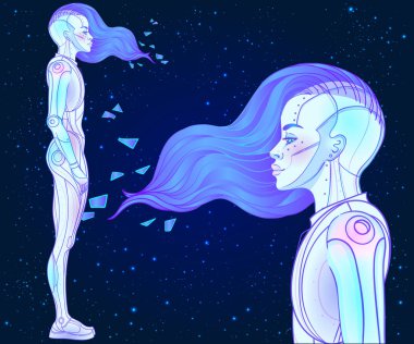 Robot android kadın portresi. Geçmişe dönük fütürizm tarzında. Vektör çizimi. Parlak neon renkli bir sayborgun resmi. Gelecekçi sentetik dalga el ilanı şablonu.