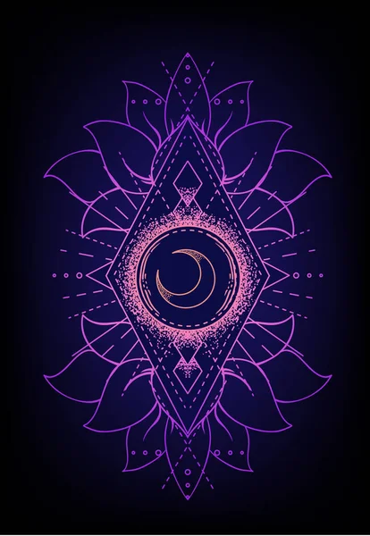 Conjunto de símbolos Geometría Sagrada y Boo. Signo ayurveda de armonía y equilibrio. Diseño de tatuaje, logo de yoga, camiseta textil. Gradiente colorido sobre negro. Astrología, esotérica, religión. — Vector de stock