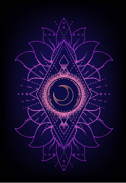 Sacred Geometry and Boo symbol set. Ayurveda sign of harmony and balance. Tattoo design, yoga logo, t-shirt textile. Colorful gradient over black. Astrology, esoteric, religion.