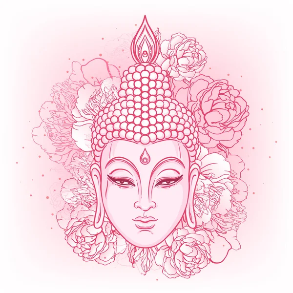 Boeddha gezicht met pioenrozen op de achtergrond. Vector illustratie. Psychedelische neon compositie. Indiaas, Boeddhisme, Spirituele Tattoo, yoga, spiritualiteit. — Stockvector