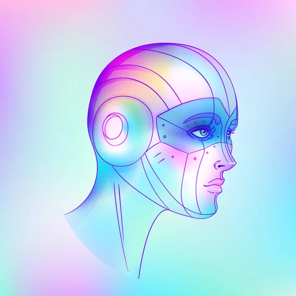 Porträt einer androiden Roboterin im Retro-Futurismus-Stil. Vektorillustration. von einem Cyborg in leuchtenden Neonfarben. — Stockvektor