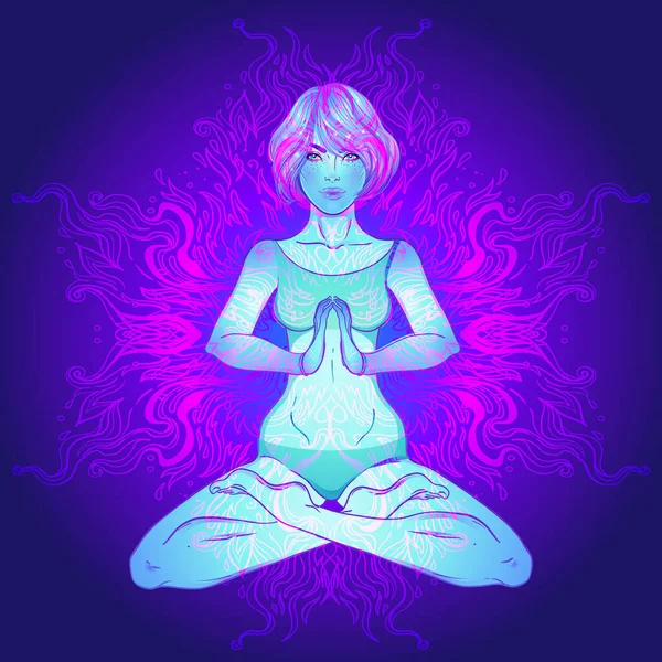 Vacker flicka sitter i lotusställning över utsmyckade färgglada neon bakgrund. Vektorillustration. Psykedelisk sammansättning. Buddhismens esoteriska motiv. — Stock vektor