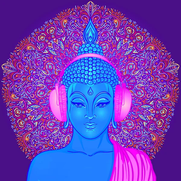 Buddha över färgglada neon bakgrund. Vektorillustration. Psykedelisk svampsammansättning. Indiska, buddhism, andlig tatuering, yoga, andlighet. Klistermärke, lapp, 60-tals hippie färgglad konst. — Stock vektor
