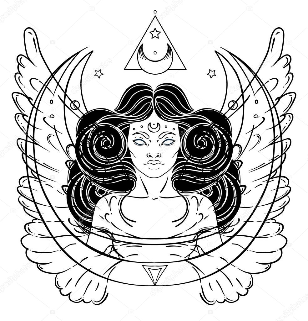 African American magic woman holding all seeing eye with rays. Vector Illustration. Mysterious black girl over sacred geometry symbols and wings. Alchemy, religion, spirituality, occultism