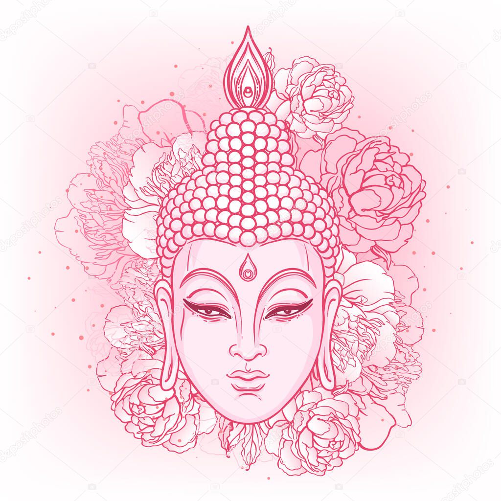 Buddha face with peonies on background. Vector illustration. Psychedelic neon composition. Indian, Buddhism, Spiritual Tattoo, yoga, spirituality.