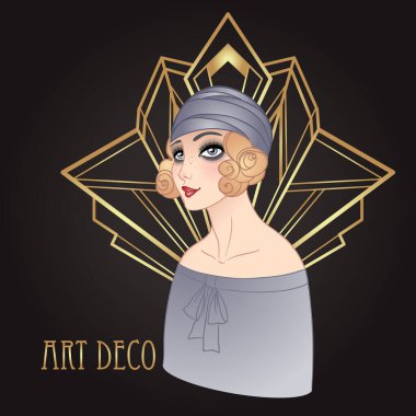 Art Deco, flapper Girl 'ün klasik çizimi. 1920 'lerin modası geçmiş parti karakteri. Cazibe olayı için vektör tasarımı.