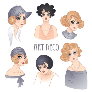 Flapper Girl Set. Yirmili yaşlarda. Vektör çizimi. Art Deco vintage davetiyesi. 20 'li yaşlarda bir parti..