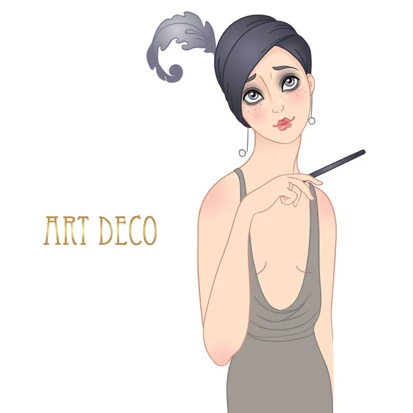Art Deco vintage illustration of flapper girl. Retro party character in 1920s style. Vector design for glamour event. — Stock Vector