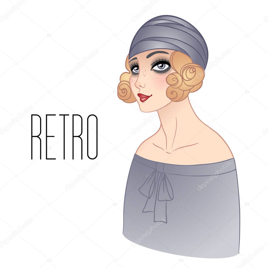 Art Deco vintage illustration of flapper girl. Retro party character in 1920s style. Vector design for glamour event.