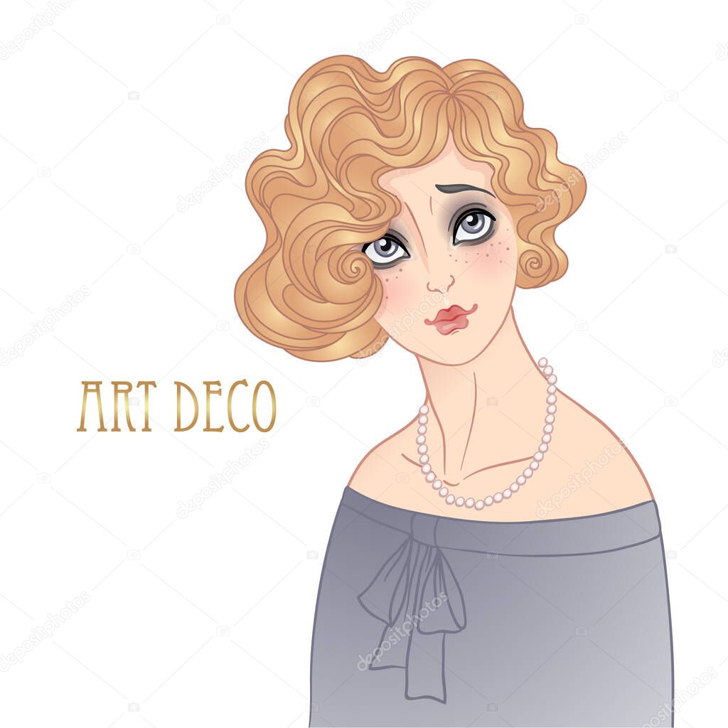 Art Deco vintage illustration of flapper girl. Retro party character in 1920s style. Vector design for glamour event.