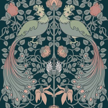 Çiçeksiz, dikdörtgen, eskimiş duvar kağıtları için ince zeka kuşları. Büyülü Vintage Çiçekleri. Sanat ve el sanatları hareketi ilham verici. Ambalaj kağıdı, duvar kağıdı, kumaş, giysi için tasarım.