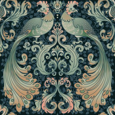 Çiçeksiz, dikdörtgen, eskimiş duvar kağıtları için ince zeka kuşları. Büyülü Vintage Çiçekleri. Sanat ve el sanatları hareketi ilham verici. Ambalaj kağıdı, duvar kağıdı, kumaş, giysi için tasarım.