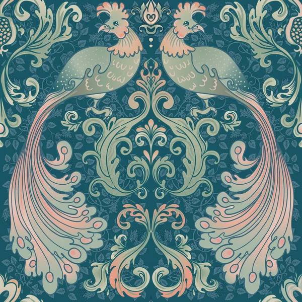 Floral vintage naadloze patroon wit vogels voor retro wallpapers. Betoverde Vintage Bloemen. Kunstnijverheid geïnspireerd. Ontwerp voor inpakpapier, behang, stoffen, kleding. — Stockvector