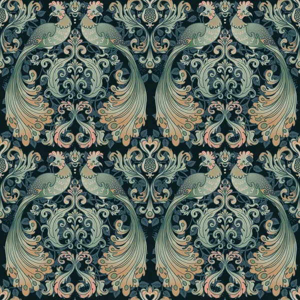 Floral vintage inconsútil patrón de aves para fondos de pantalla retro. Flores vintage encantadas. Arte y Artesanía movimiento inspirado. Diseño para papel de envolver, papel pintado, telas, ropa. — Archivo Imágenes Vectoriales