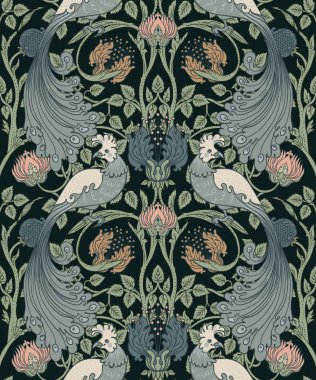 Çiçeksiz, dikdörtgen, eskimiş duvar kağıtları için ince zeka kuşları. Büyülü Vintage Çiçekleri. Sanat ve el sanatları hareketi ilham verici. Ambalaj kağıdı, duvar kağıdı, kumaş için tasarım